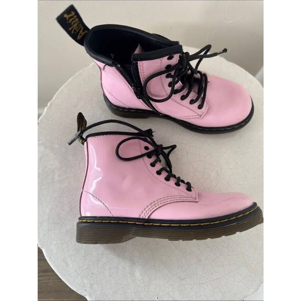 Dr. Martens 1460 Toddler Pink Patent Lace-Up Ankle Boots Side Zipper Size 10 EUC